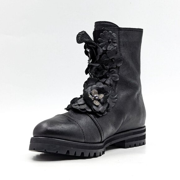 Jimmy Choo Wmn Havana Floral Black Leather Back Zip Combat Boots 7.5 EUR 37.5 - Picture 3 of 9
